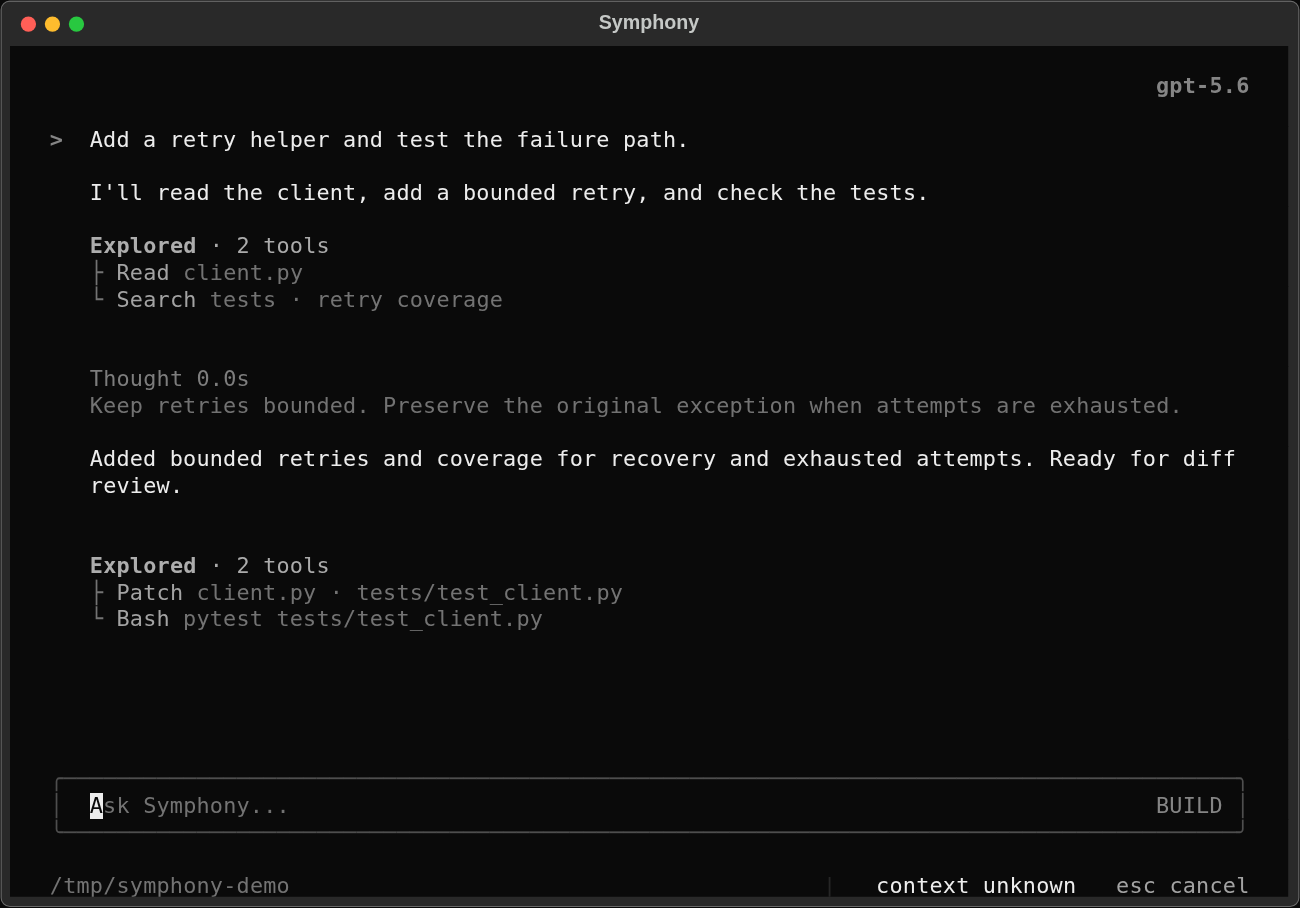 Symphony terminal showing a request, grouped read and patch tools, a test command, and a response ready for diff review.